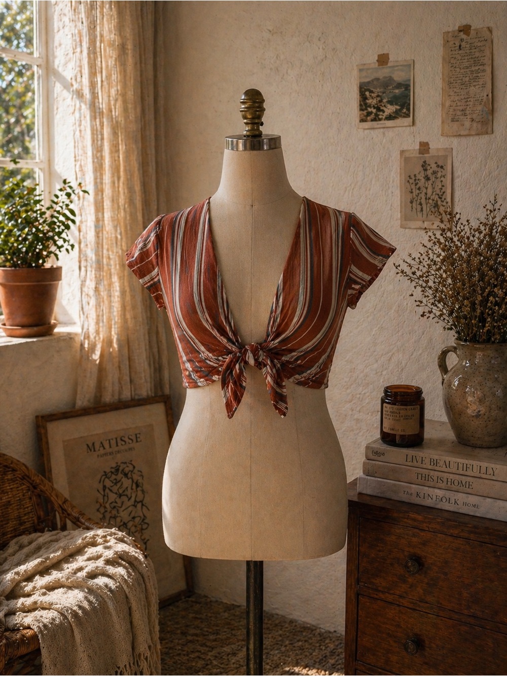 Striped Tie-Front Crop Top in Rust